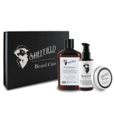 Sheffield beard care product set including shampoo, oil, and balm with a black box on a white background.