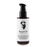 Bottle of beard oil with a label on a white background