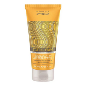 A tube of Natural Look Static Free Smooth Operator hair product against a white background.