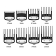 Eight black and silver electric hair clipper guide combs shown in a 2x4 grid, labeled with blade widths from 1.5mm to 25mm on a white background.