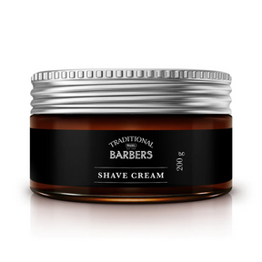 Jar of Traditional Barbers Shave Cream with black label and silver lid on white background