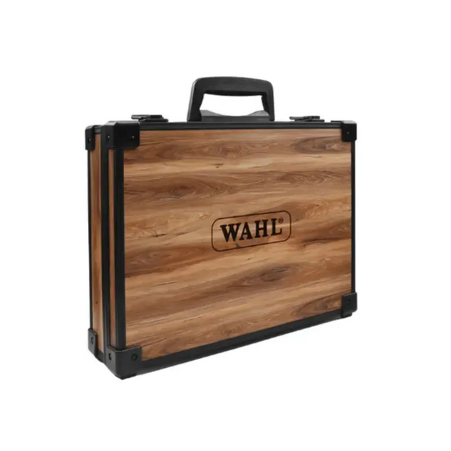Wooden case with black trim and 'Wahl' branding on a white background