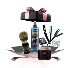 Collection of grooming products including a brush, spray bottle, and jar on a decorative stand with a black box and pink ribbon.