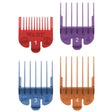 Set of Wahl hair styling combs in red, purple, blue, and orange on a white background