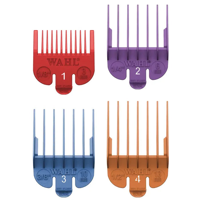 Set of Wahl hair styling combs in red, purple, blue, and orange on a white background