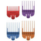 Set of Wahl hair styling combs in red, purple, blue, and orange on a white background