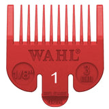 Red Wahl hair clipper comb with size markings on a white background
