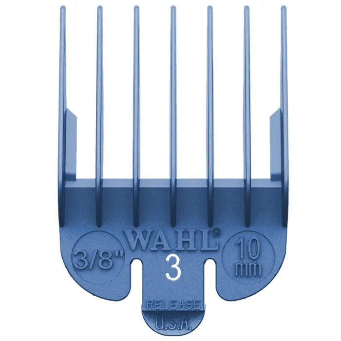 Blue Wahl hair clipper comb on a white background