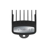 Black and silver Wahl hair clipper comb on a white background