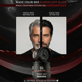 Promotional graphic for BR Black Red Magic Color Wax Styling Gel in 'Magnificent Black'. The image features a split-screen demonstration of a man's gray hair styled with the product, shown both before and after application.